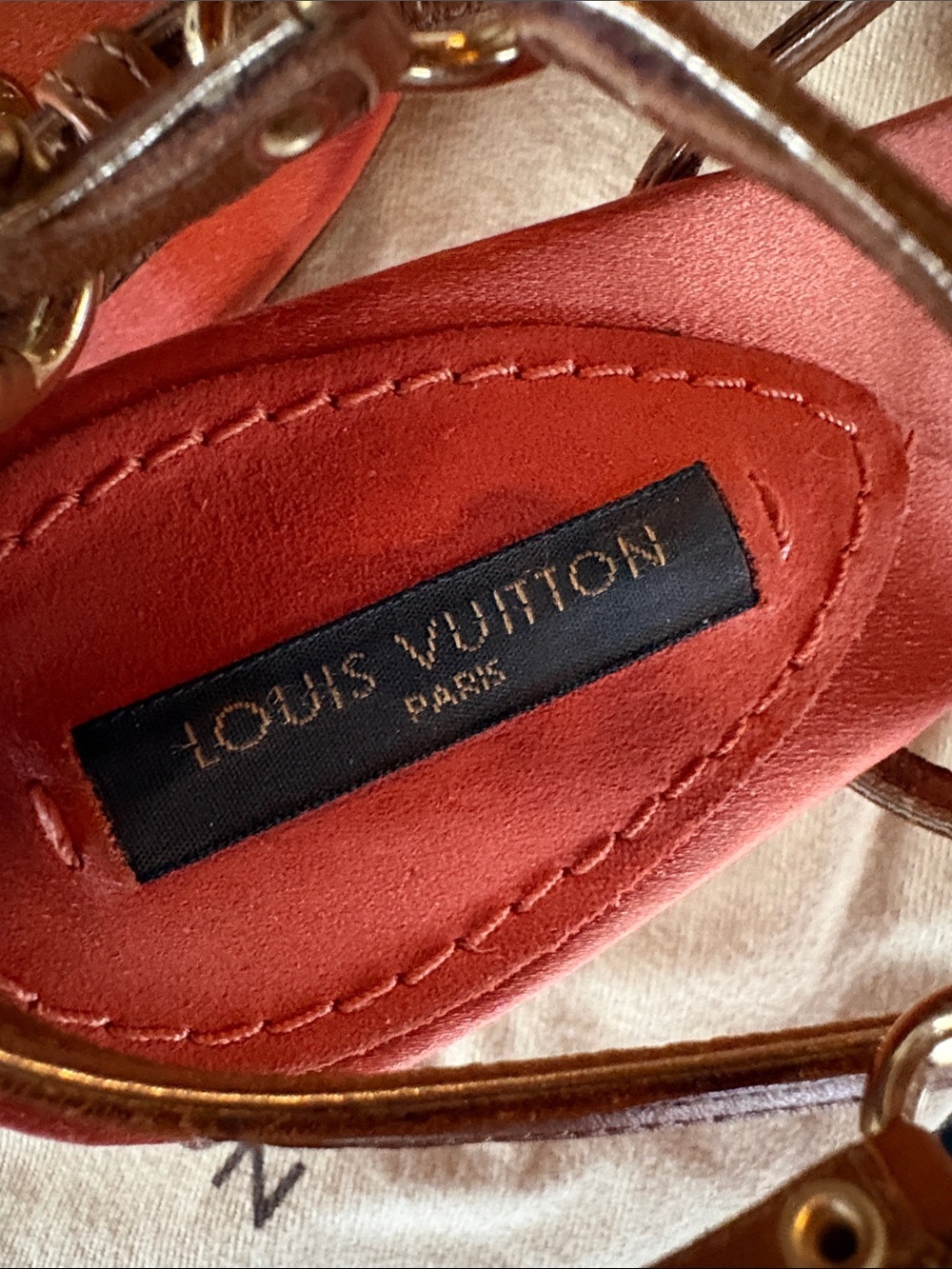 Louis Vuitton Coral and Tan T-Strap Sandals with Gold Hardware - Picture 2 of 12